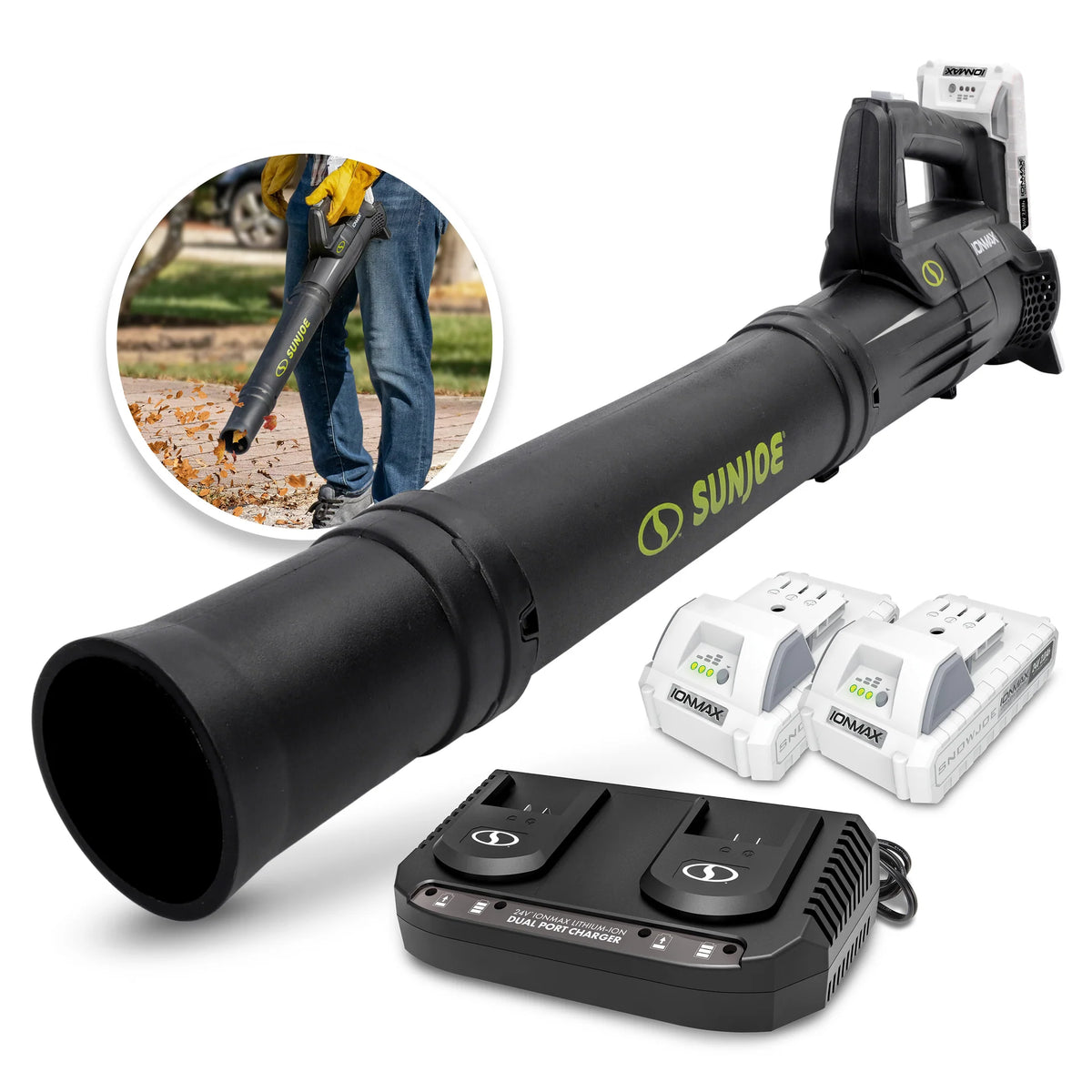 Sun Joe 24-Volt* IONMAX Cordless Compact Turbine Jet Blower | 100-MPH | 280-CFM | W/ 2 x 2.0-Ah Batteries + Dual-Port Charger