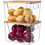 High-Quality Plastic Food Storage Box with Wooden Lid - Transparent Cube Containers with Lids, Kitchen Accessories for Fruits, Vegetables & Spices, Home Storage Organization House Organizers