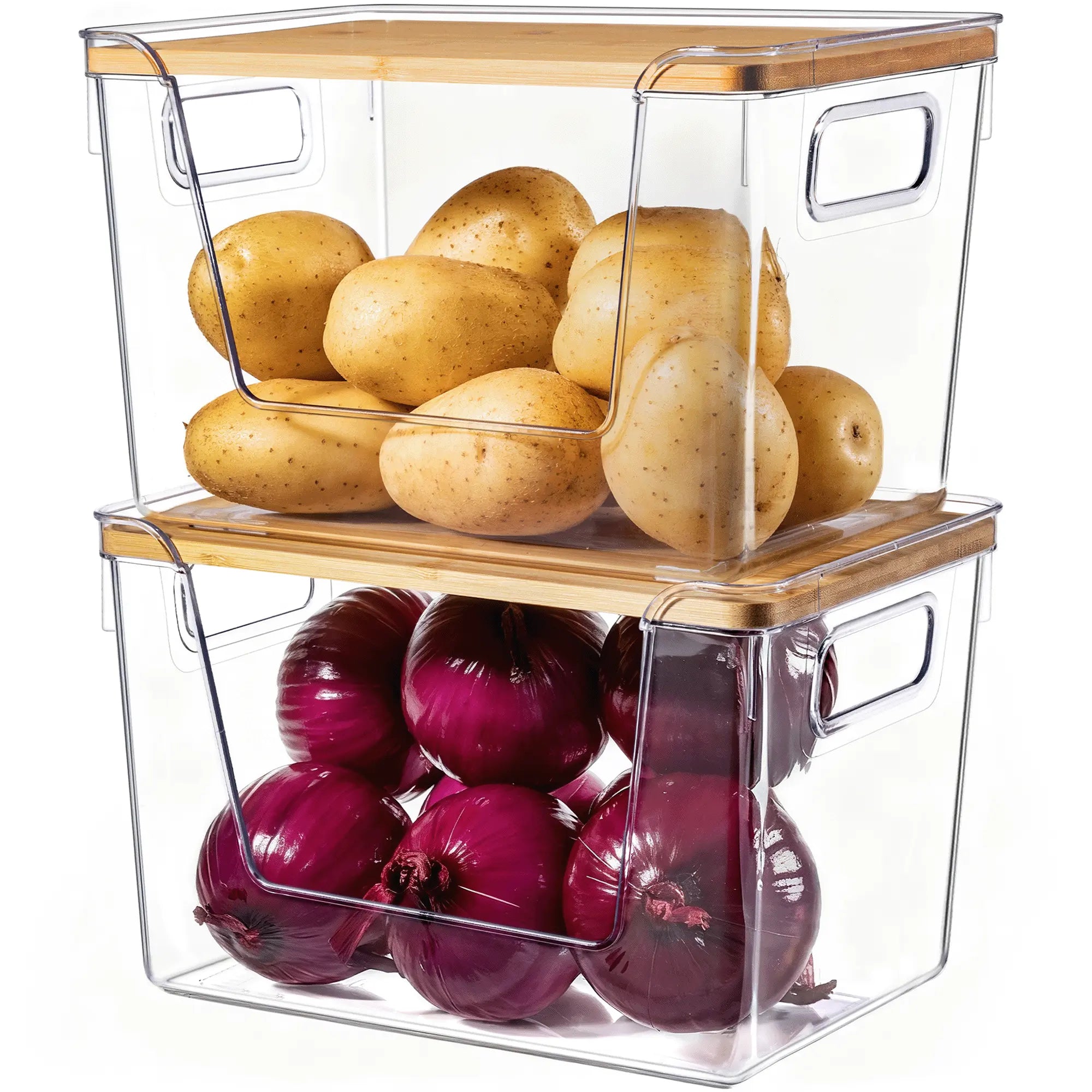 High-Quality Plastic Food Storage Box with Wooden Lid - Transparent Cube Containers with Lids, Kitchen Accessories for Fruits, Vegetables & Spices, Home Storage Organization House Organizers