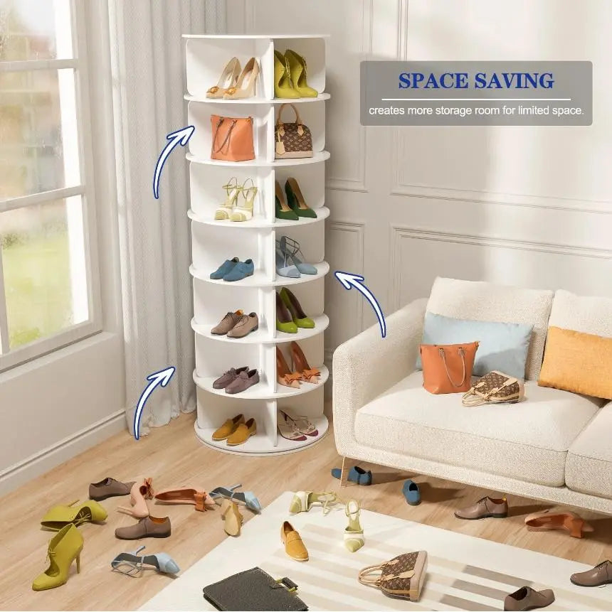 360° Rotating 7-Tier Shoe Carousel Rack, Holds 28 Pairs Round Spinning Shoe Storage for Entryway