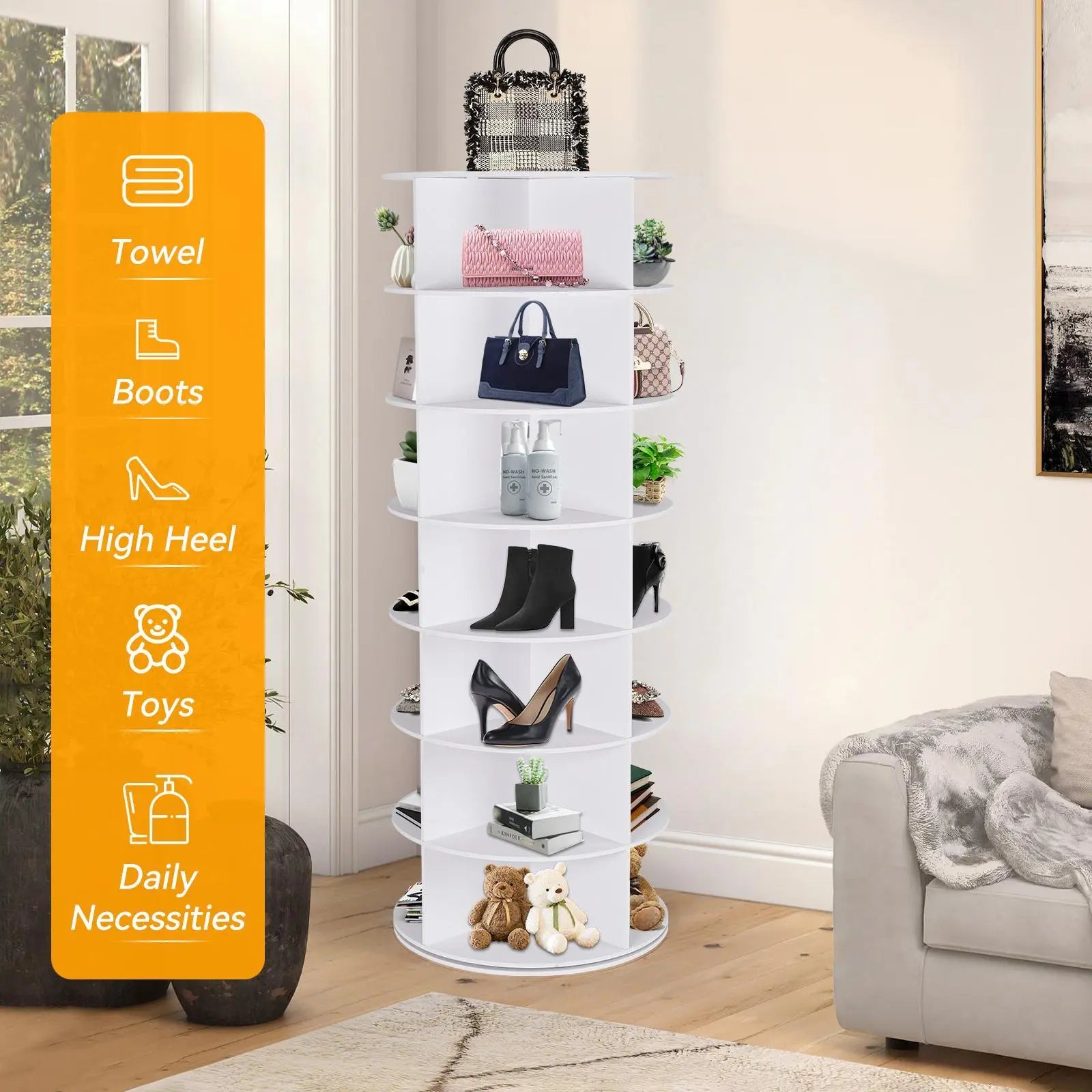 360° Rotating 7-Tier Shoe Carousel Rack, Holds 28 Pairs Round Spinning Shoe Storage for Entryway