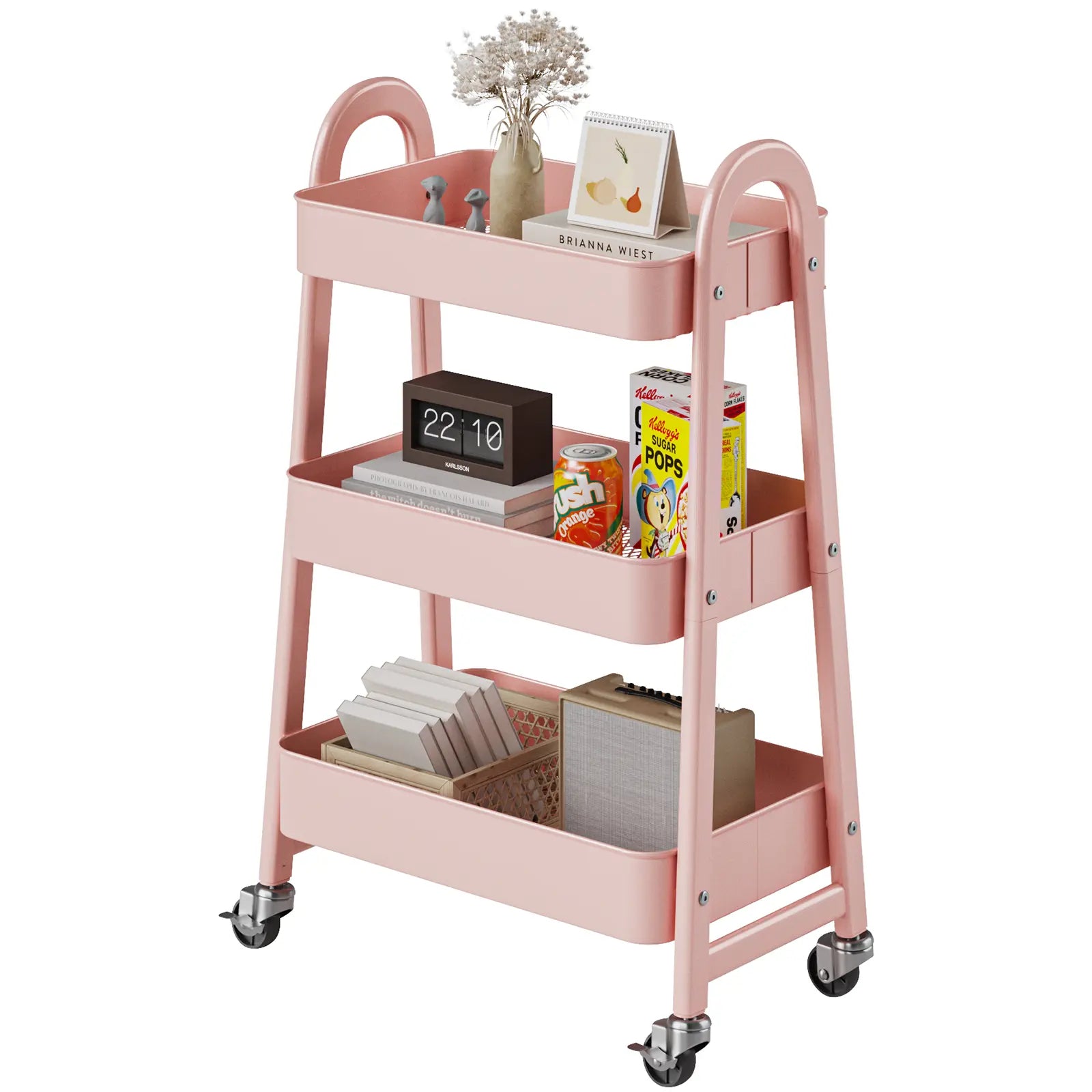 Rolling 3-Tier Metal Utility Cart, Multi-Layer Storage Trolley for Narrow Kitchen & Bedside Spaces