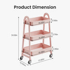 Rolling 3-Tier Metal Utility Cart, Multi-Layer Storage Trolley for Narrow Kitchen & Bedside Spaces