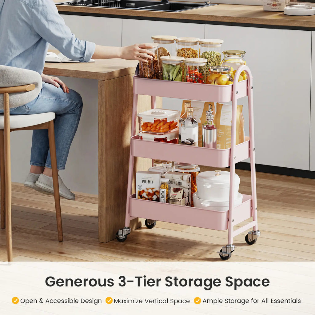 Rolling 3-Tier Metal Utility Cart, Multi-Layer Storage Trolley for Narrow Kitchen & Bedside Spaces