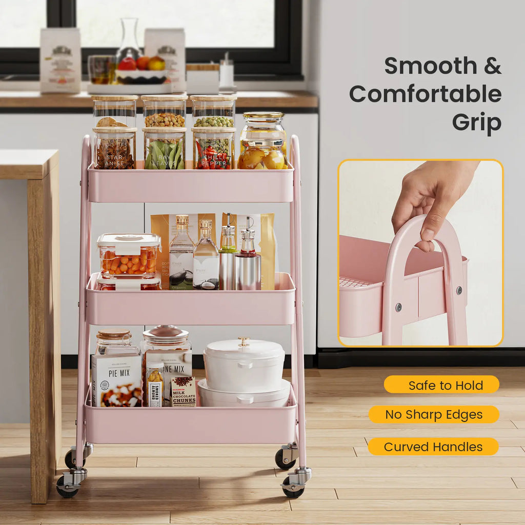 Rolling 3-Tier Metal Utility Cart, Multi-Layer Storage Trolley for Narrow Kitchen & Bedside Spaces