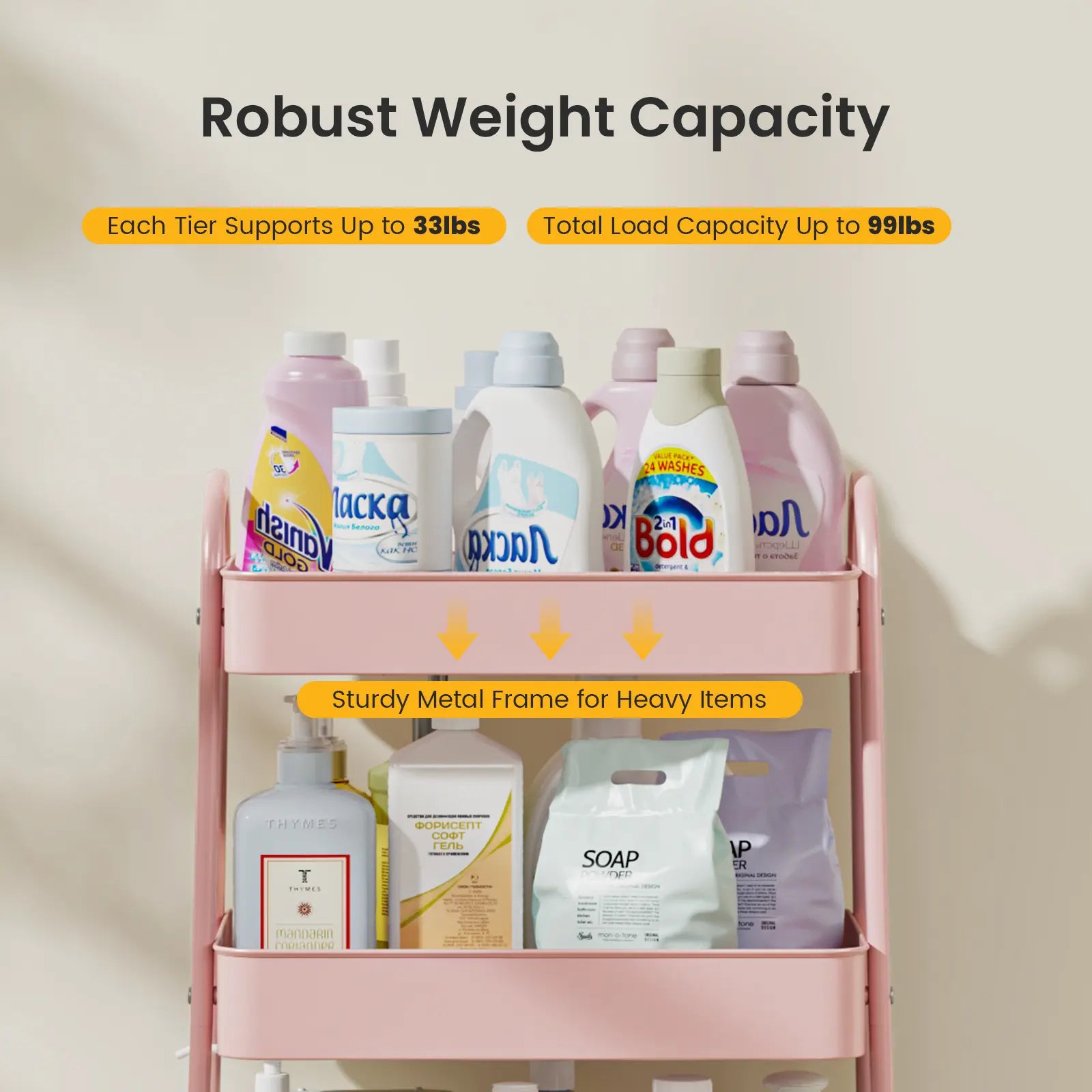 Rolling 3-Tier Metal Utility Cart, Multi-Layer Storage Trolley for Narrow Kitchen & Bedside Spaces