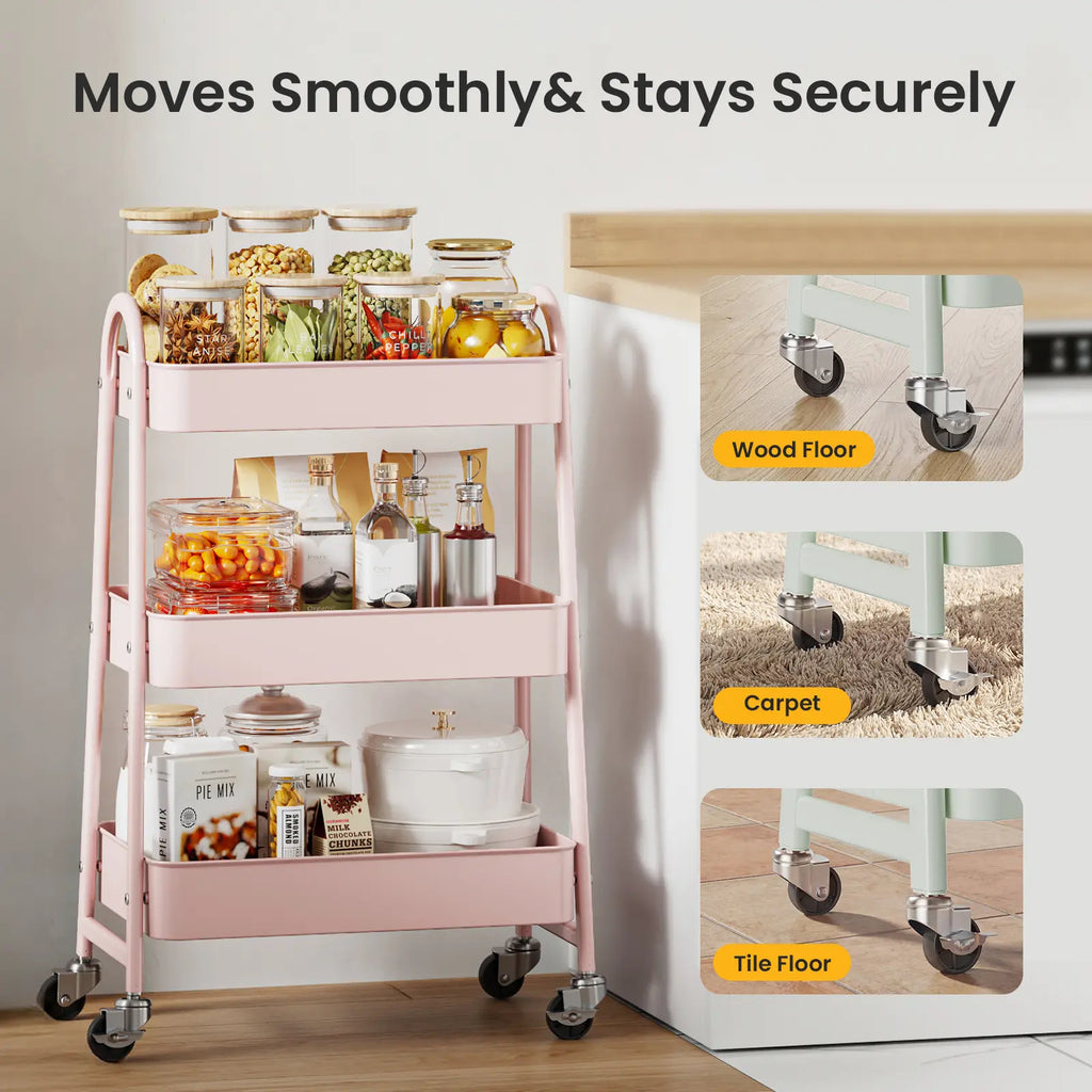 Rolling 3-Tier Metal Utility Cart, Multi-Layer Storage Trolley for Narrow Kitchen & Bedside Spaces
