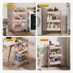 Rolling 3-Tier Metal Utility Cart, Multi-Layer Storage Trolley for Narrow Kitchen & Bedside Spaces
