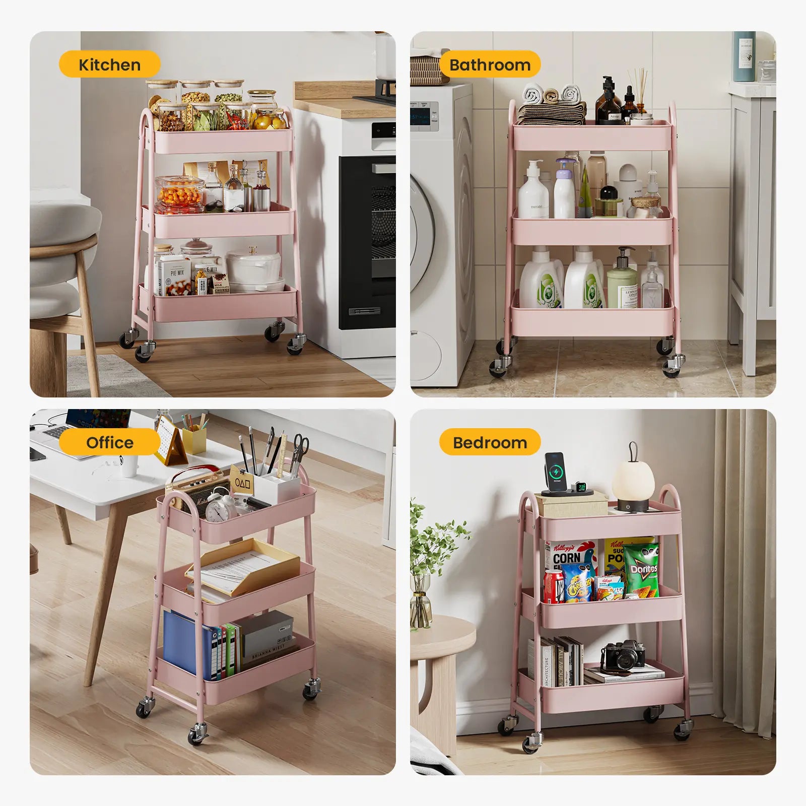 Rolling 3-Tier Metal Utility Cart, Multi-Layer Storage Trolley for Narrow Kitchen & Bedside Spaces
