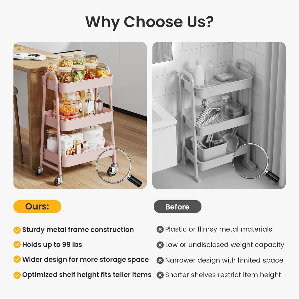 Rolling 3-Tier Metal Utility Cart, Multi-Layer Storage Trolley for Narrow Kitchen & Bedside Spaces