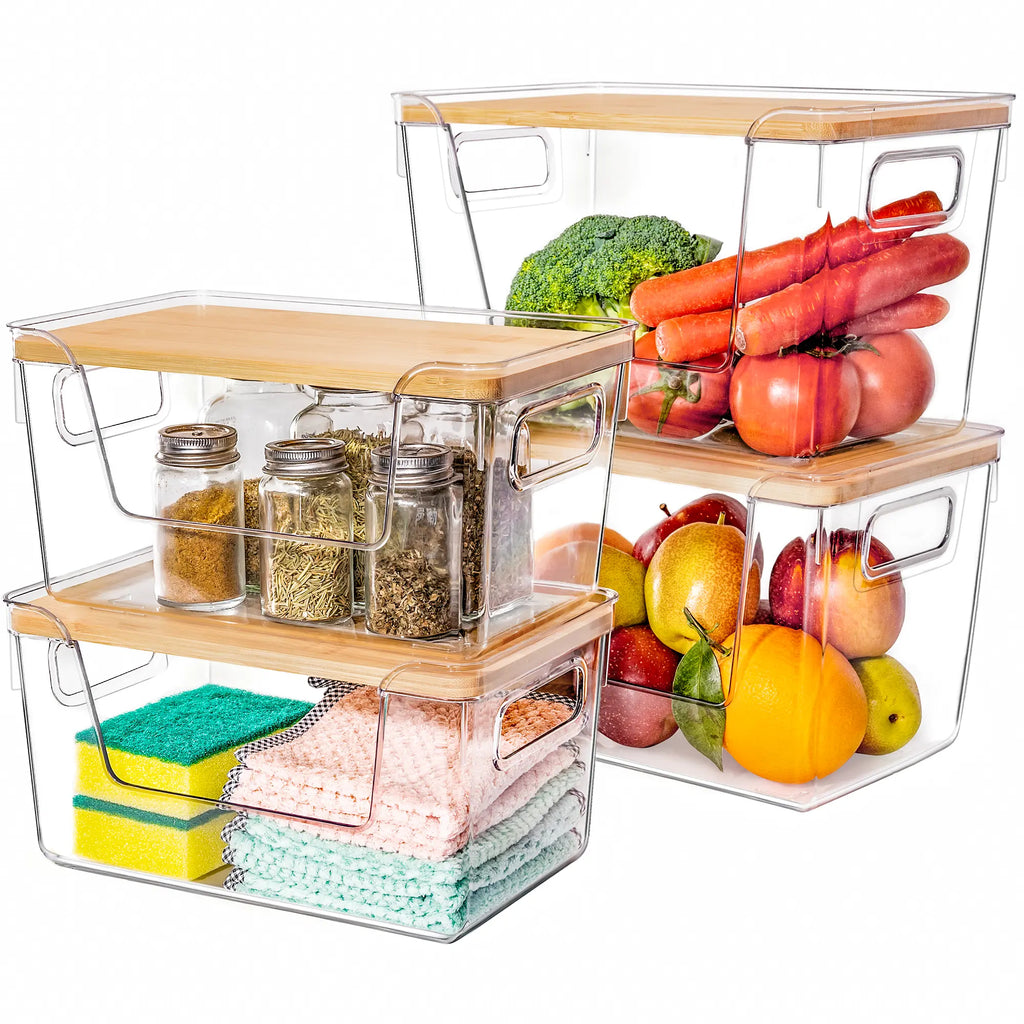 High-Quality Plastic Food Storage Box with Wooden Lid - Transparent Cube Containers with Lids, Kitchen Accessories for Fruits, Vegetables & Spices, Home Storage Organization House Organizers