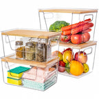 High-Quality Plastic Food Storage Box with Wooden Lid - Transparent Cube Containers with Lids, Kitchen Accessories for Fruits, Vegetables & Spices, Home Storage Organization House Organizers