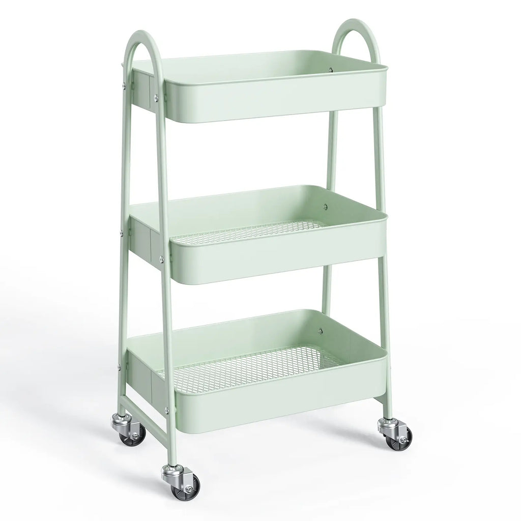 Rolling 3-Tier Metal Utility Cart, Multi-Layer Storage Trolley for Narrow Kitchen & Bedside Spaces