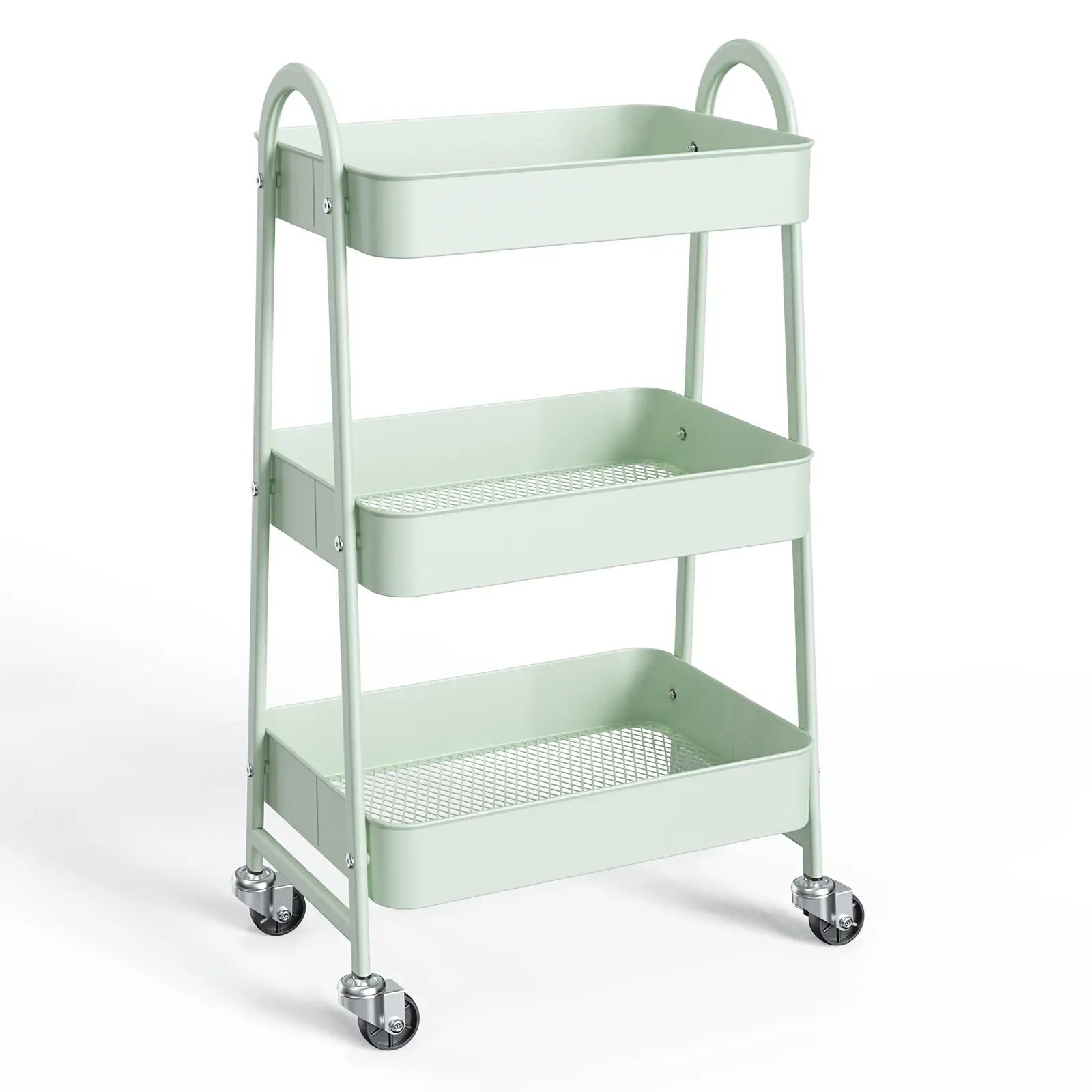 Rolling 3-Tier Metal Utility Cart, Multi-Layer Storage Trolley for Narrow Kitchen & Bedside Spaces