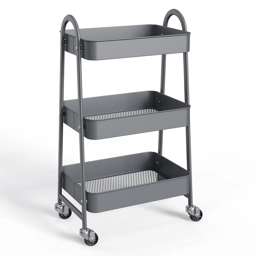 Rolling 3-Tier Metal Utility Cart, Multi-Layer Storage Trolley for Narrow Kitchen & Bedside Spaces