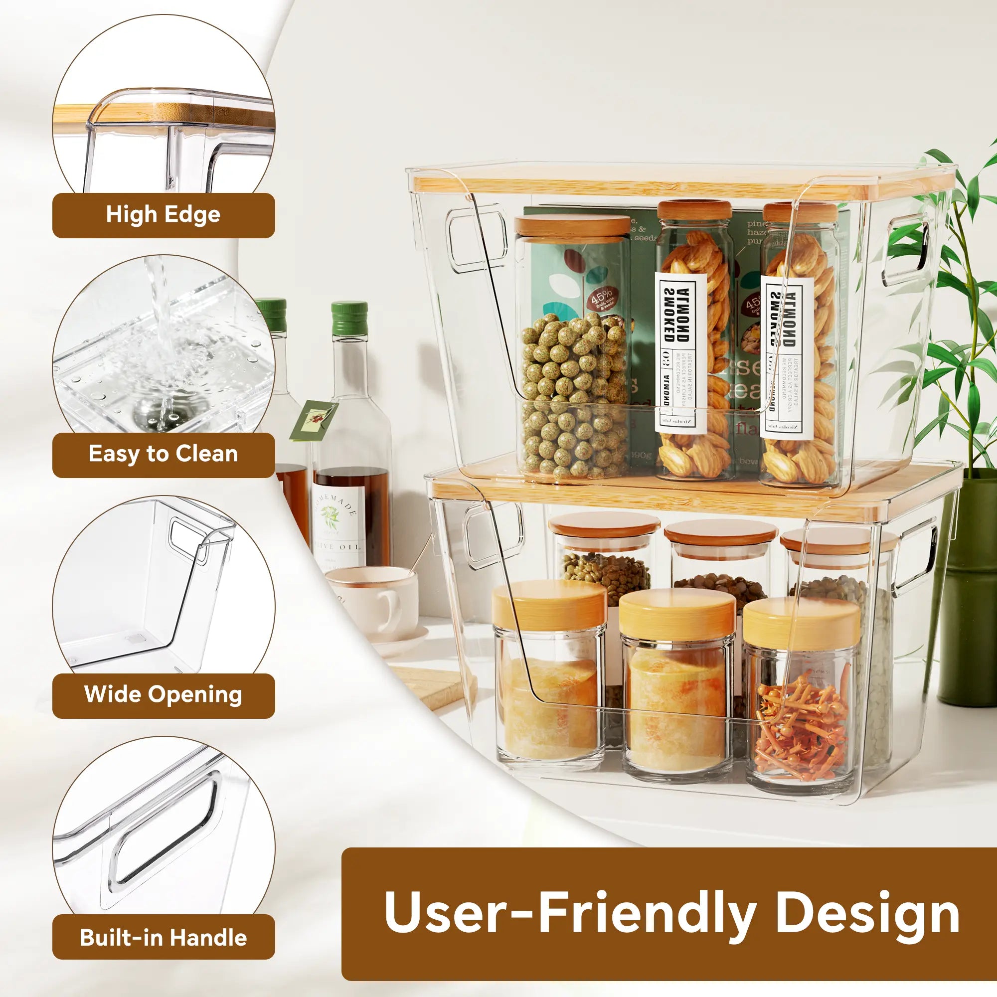 High-Quality Plastic Food Storage Box with Wooden Lid - Transparent Cube Containers with Lids, Kitchen Accessories for Fruits, Vegetables & Spices, Home Storage Organization House Organizers