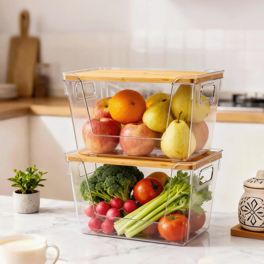 High-Quality Plastic Food Storage Box with Wooden Lid - Transparent Cube Containers with Lids, Kitchen Accessories for Fruits, Vegetables & Spices, Home Storage Organization House Organizers