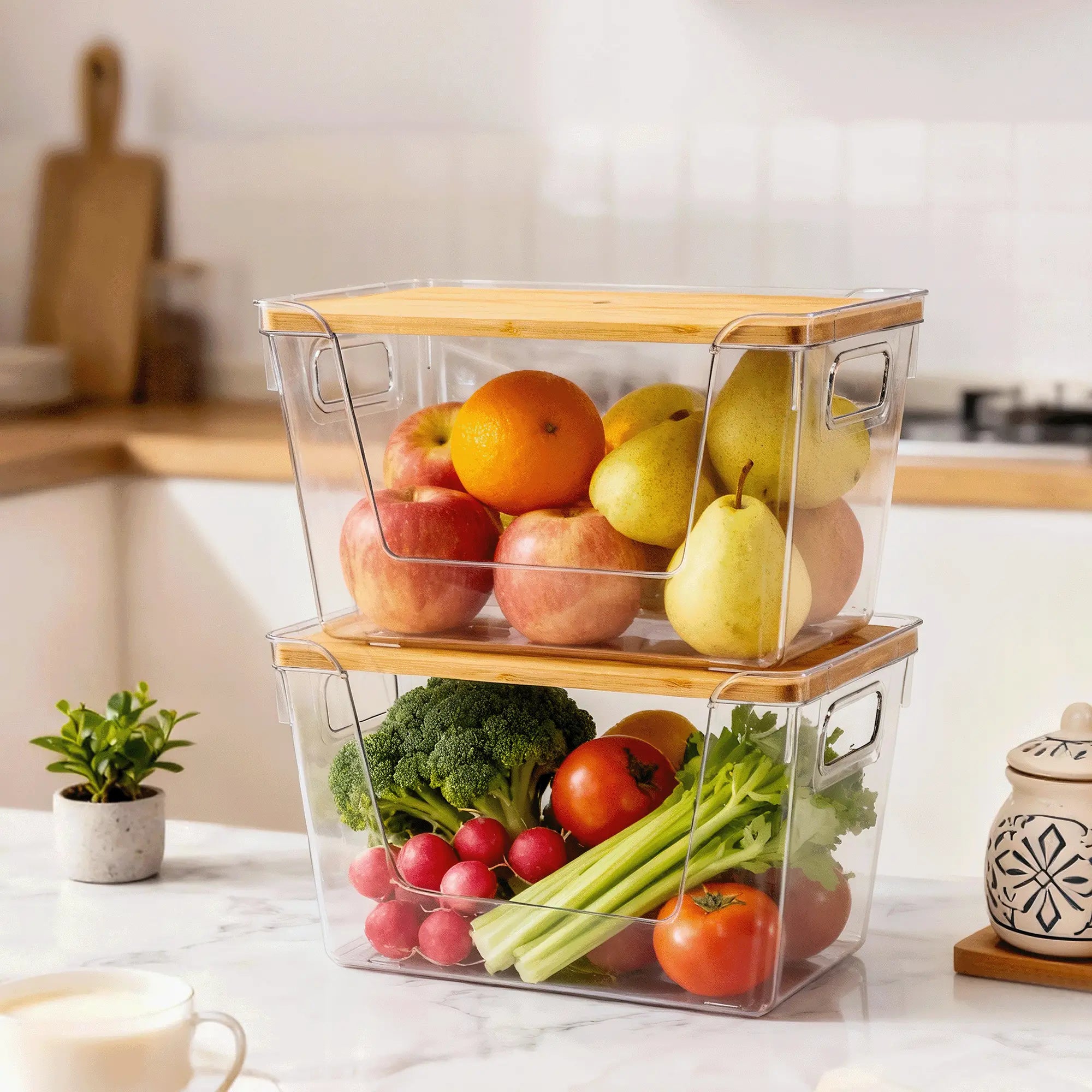 High-Quality Plastic Food Storage Box with Wooden Lid - Transparent Cube Containers with Lids, Kitchen Accessories for Fruits, Vegetables & Spices, Home Storage Organization House Organizers
