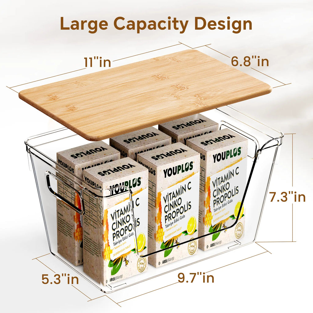 High-Quality Plastic Food Storage Box with Wooden Lid - Transparent Cube Containers with Lids, Kitchen Accessories for Fruits, Vegetables & Spices, Home Storage Organization House Organizers