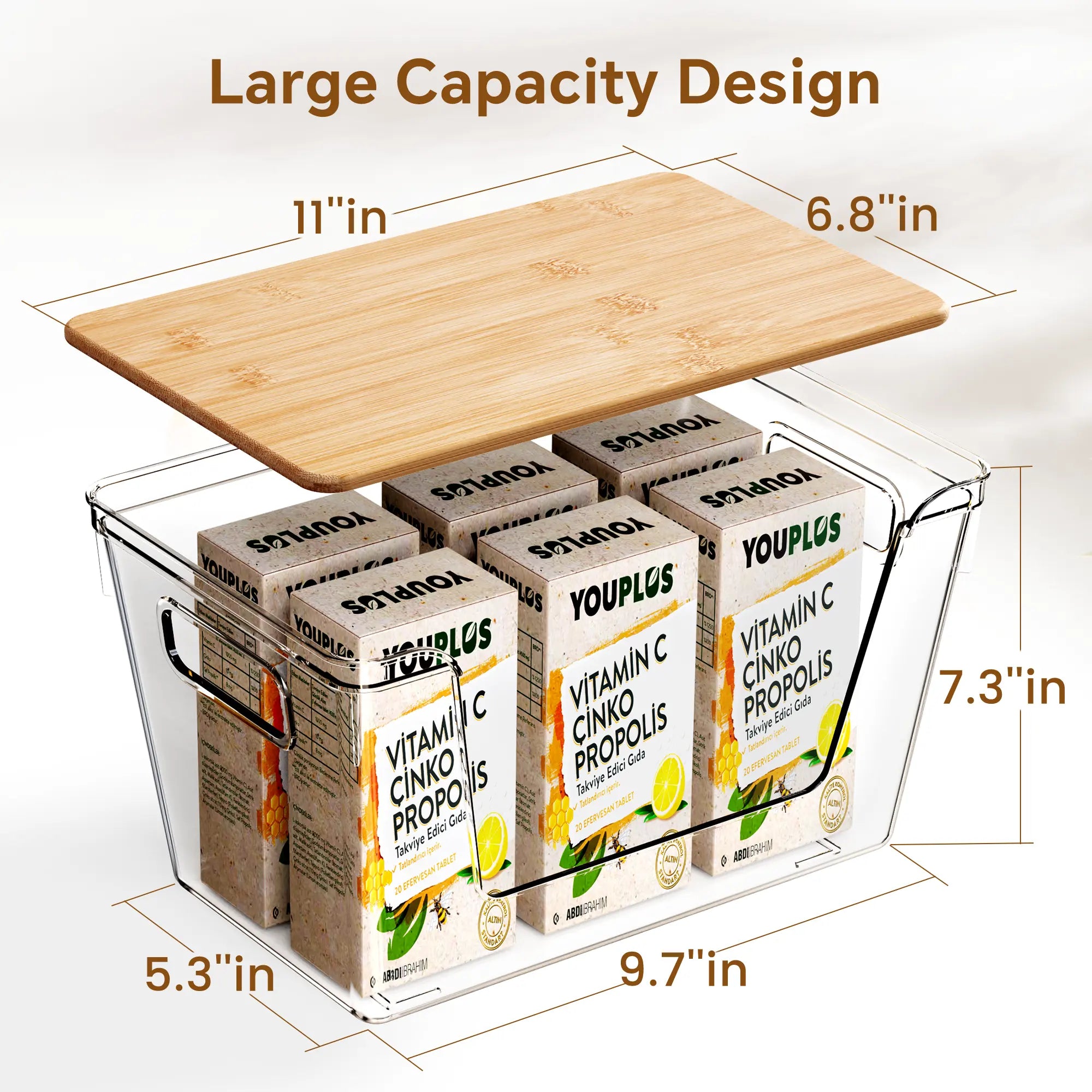 High-Quality Plastic Food Storage Box with Wooden Lid - Transparent Cube Containers with Lids, Kitchen Accessories for Fruits, Vegetables & Spices, Home Storage Organization House Organizers