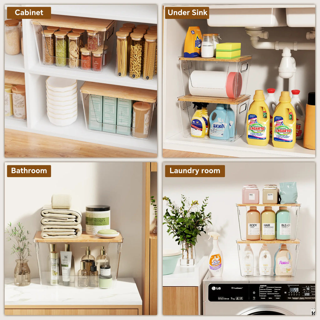 High-Quality Plastic Food Storage Box with Wooden Lid - Transparent Cube Containers with Lids, Kitchen Accessories for Fruits, Vegetables & Spices, Home Storage Organization House Organizers
