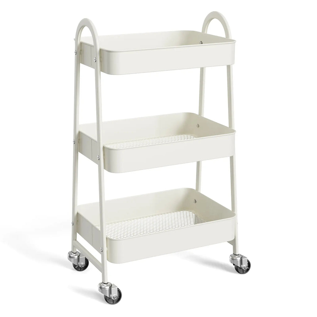 Rolling 3-Tier Metal Utility Cart, Multi-Layer Storage Trolley for Narrow Kitchen & Bedside Spaces